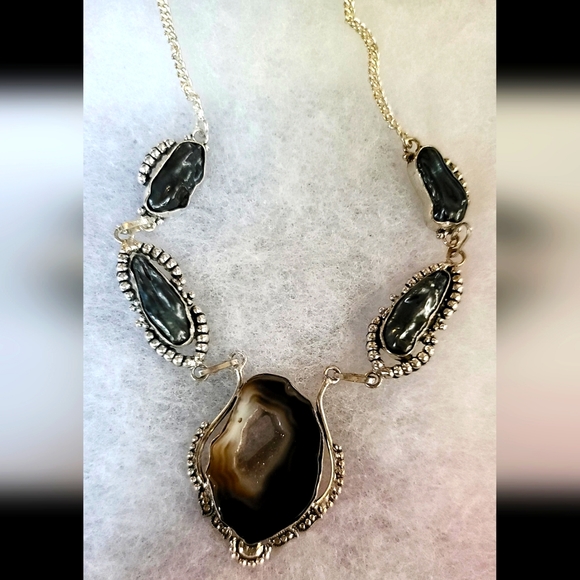 Natural Kharma by Avelon Jewelry - Sterling Agate & black baroque pearl artisan necklace NEW